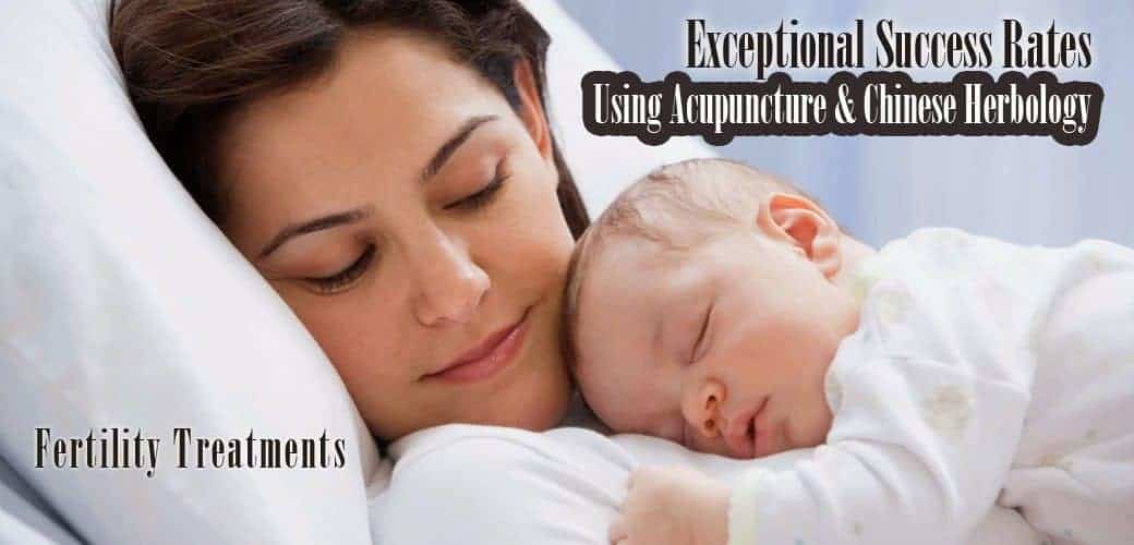A serene image of a mother with dark hair lying on a pillow, holding a sleeping baby close to her chest. The text reads "Exceptional Success Rates Using Acupuncture Long Island & Chinese Herbology" and "Fertility Treatments.
