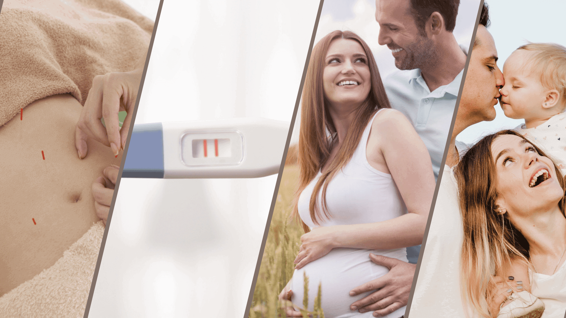An acupuncture session, a positive pregnancy test, a pregnant woman, and a happy family with their baby.