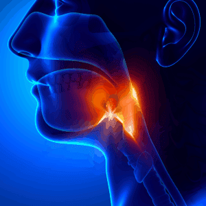 A digitally illustrated side view of a human head and neck in shades of blue, highlighting the throat area in red and orange to indicate inflammation or pain. The internal structures such as the nasal cavity, mouth, and throat are visible—ideal for those seeking pain management on Long Island.