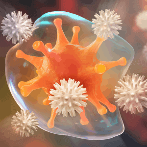 Illustration of an orange virus being targeted by white immune cells. The virus is encapsulated in a transparent, protective layer, while the immune cells surround it. The background is abstract with soft, blended colors, resembling the serenity found in Pain Management Long Island clinics, highlighting the interaction.