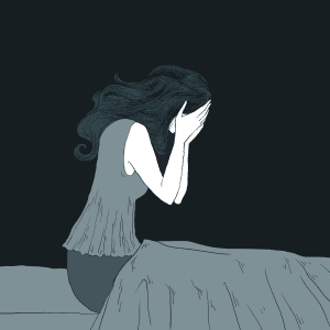 A stylized illustration of a woman sitting on a bed, burying her face in her hands. Her long, dark hair flows down her back, and she wears a sleeveless top and pants. The background is a solid dark color, emphasizing her emotional state—reflecting the need for pain management Long Island might offer.