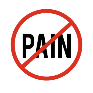 A bold, black word "PAIN" is crossed out by a red circle with a diagonal slash, symbolizing or advocating the concept of "no pain" or "pain-free." The background is white. This image captures the essence of acupuncture Long Island, promising relief and wellness through proven methods.
